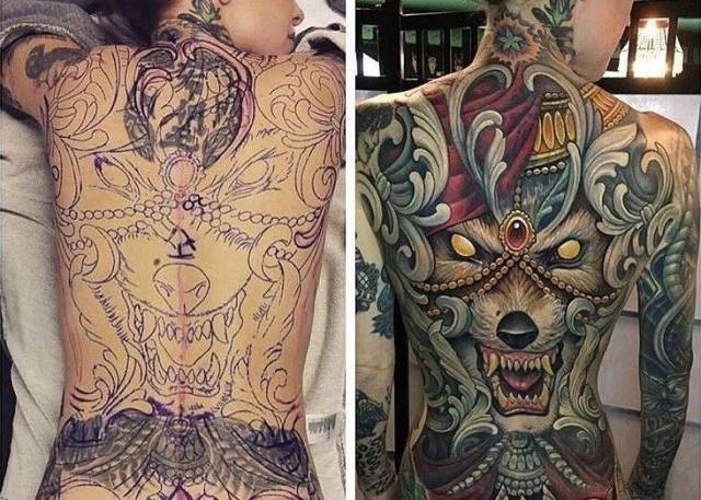 Man with elaborate wolf tattoo on his back.