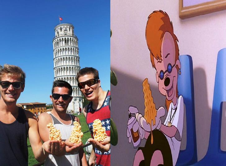 Kids enjoying Leaning Tower of Cheese by the Leaning Tower of Pisa and cartoon character with red hair doing the same.