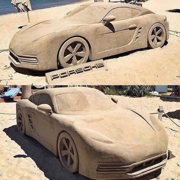Awesome Porsche sportscar sculpture made out of sand.