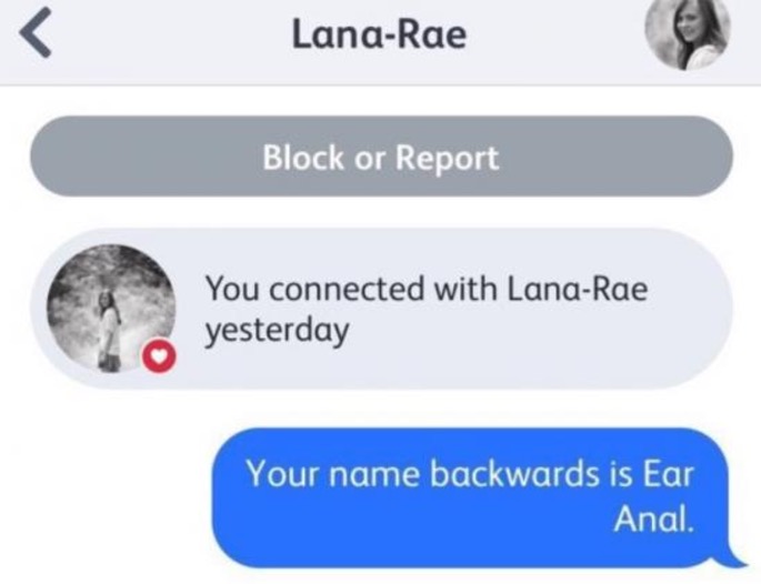 material - LanaRae Block or Report 1. yesterday You connected with LanaRae yesterday Your name backwards is Ear Anal.
