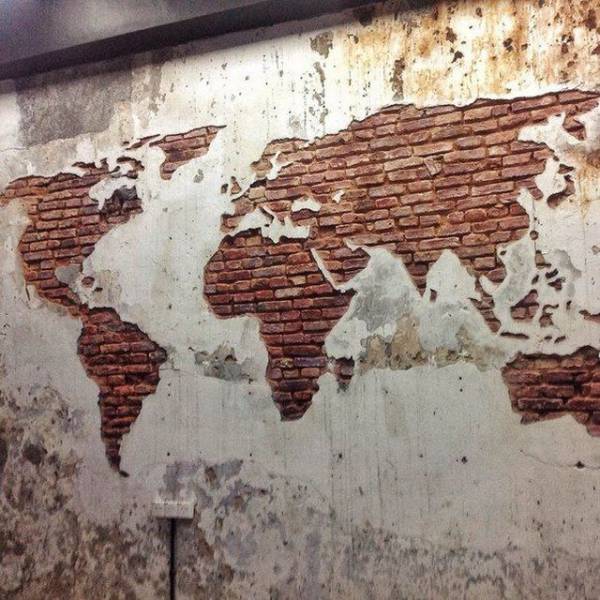 world map brick wall