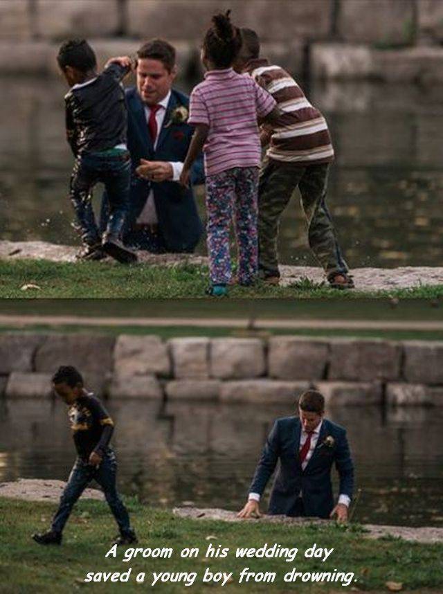 faith in humanity restored - A groom on his wedding day saved a young boy from drowning.
