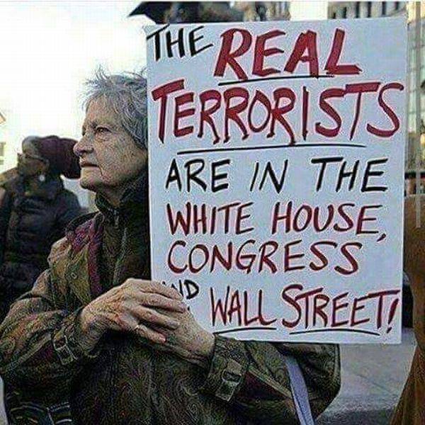 Protestor calling the real terrorist the folks in the White House, congress and Wall Street