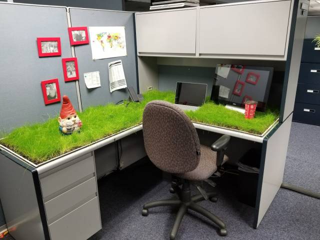Work desk covered in fake grass