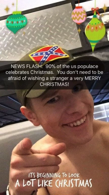 I'd like to tell you a little story about a super racist teenager. It's this one:. The kid in the Confederate flag hat spouting nonsense about the war on Christmas. He is the subject of our story.