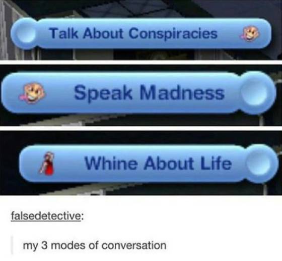 multimedia - Talk About Conspiracies & Speak Madness Whine About Life falsedetective my 3 modes of conversation