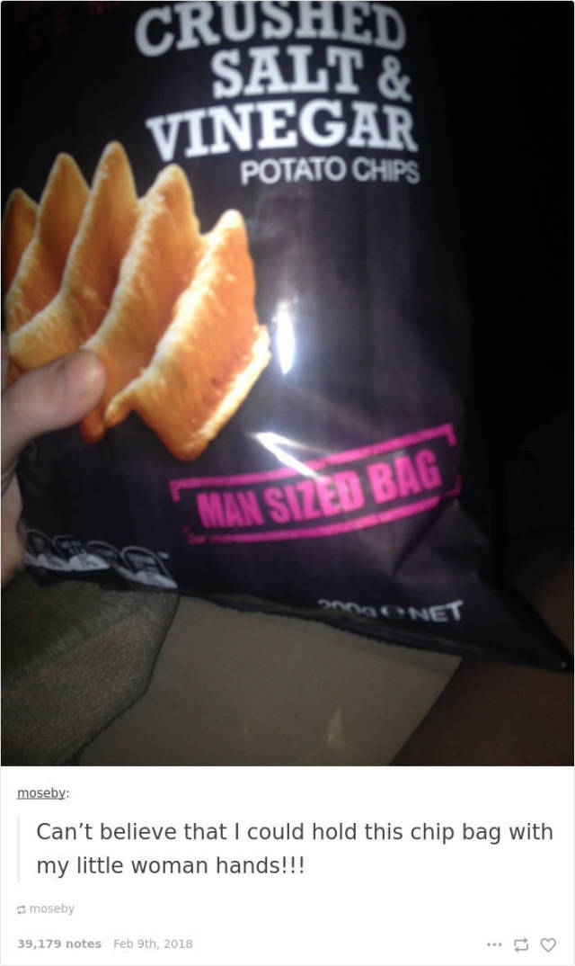 junk food - Crushed Salt & Vinegar Potato Chips Man Sizeb Bag Enet moseby Can't believe that I could hold this chip bag with my little woman hands!!! smoseby 39,179 notes Feb 9th, 2018