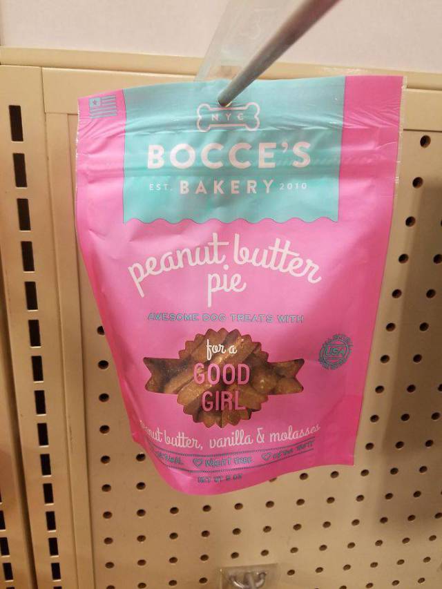 pointlessy gendered products - Bocces Est. Bakery 2010 beanut butter pie er Awesome Dog Treats With for a Good Girl ut butter vanilla & molasses. Contre