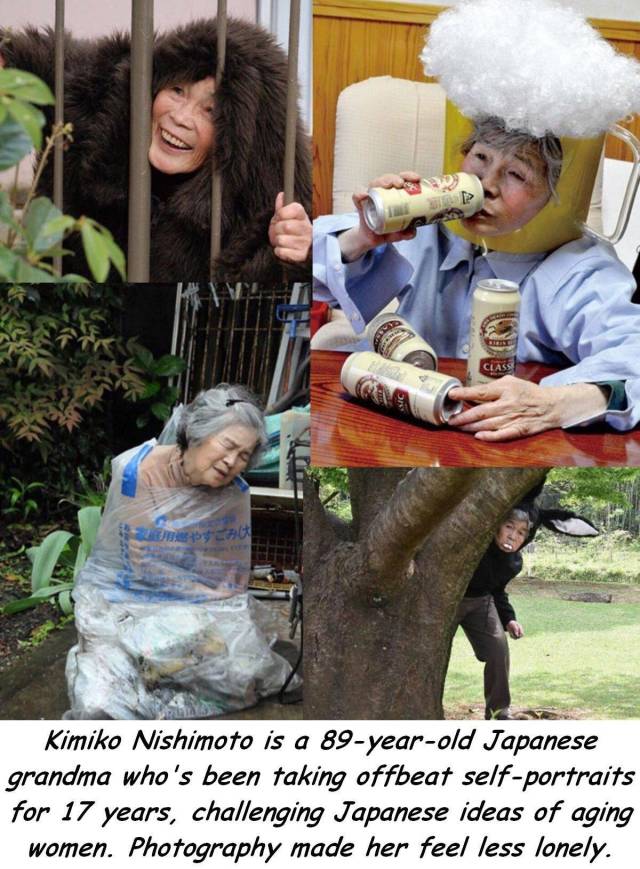 Kimiko Nishimoto is a 89yearold Japanese grandma who's been taking offbeat selfportraits for 17 years, challenging Japanese ideas of aging women. Photography made her feel less lonely.