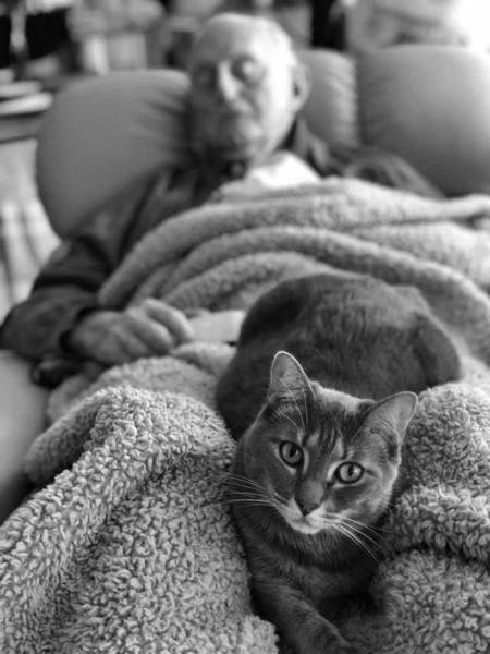 “My grandfather, with his cat Sophie, who sat with him every day.”