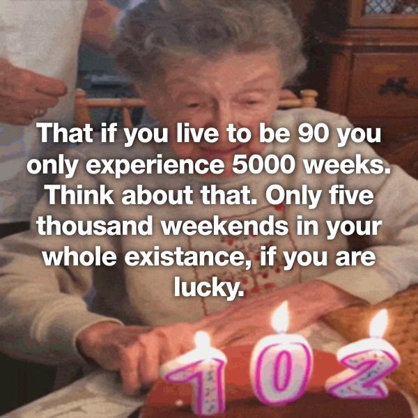 happy birthday gif funny - That if you live to be 90 you only experience 5000 weeks. Think about that. Only five thousand weekends in your whole existance, if you are lucky.