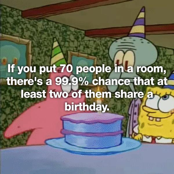 patrick and spongebob birthday - If you put 70 people in a room, there's a 99.9% chance that at least two of them a's birthday.
