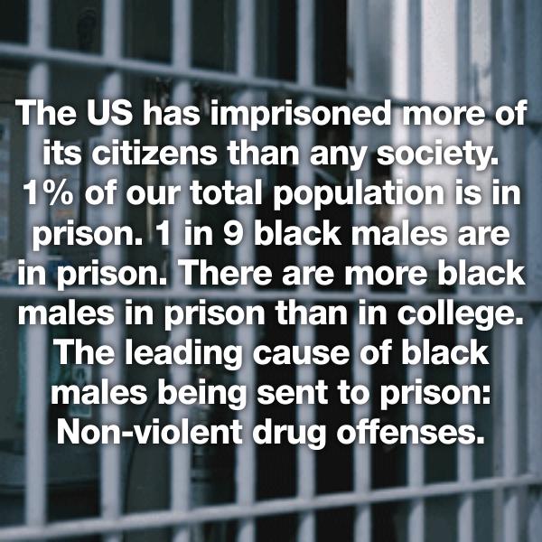 teratogen - The Us has imprisoned more of its citizens than any society. 1% of our total population is in prison. 1 in 9 black males are in prison. There are more black males in prison than in college. The leading cause of black males being sent to prison