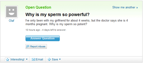 relationship memes of web page Open Question Show me another >> Why is my sperm so powerful? I've only been with my girlfriend for about 4 weeks, but the doctor says she is 4 months pregnant. Why is my sperm so potent? Olaf 10 hours ago 4 days left to ans