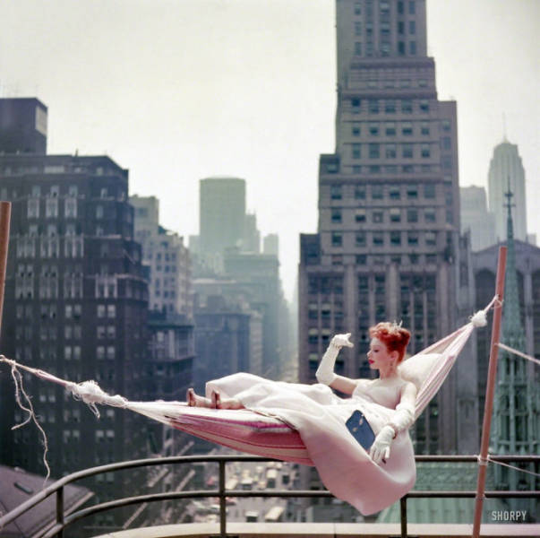 Dancer-Actress Gwen Verdon In A Hammock Wearing A Ballgown On NYC Rooftop (1953)