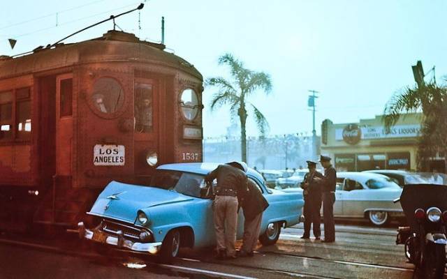 Collisions Of Ford And A Suburban Train. Los Angeles, 1955