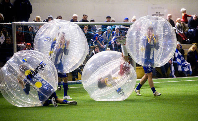 Bubble soccer can bring tons of fun not only to the players but also to the spectators. The players are encased in inflatable bubbles which cover their upper body and head. The game was first invented in Norway in 2011. A match is played by 2 teams, each consisting of no more than 5 players. According to the rules of the game, each team must have at least one female on the field at all times during play.