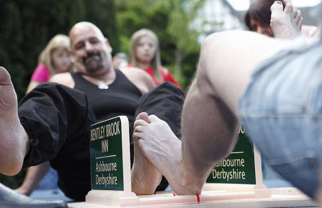 Toe Wrestling-This unusual sport involves 2 competitors trying to pin down each other’s foot to the ground for at least 3 seconds. There are 3 rounds that are played first with the right foot, then with the left one. This strange sport dates back to 1976 when a group of people living in Staffordshire were trying to think of a sport that only the British could win.