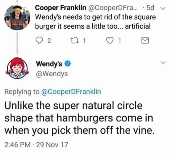 wendys memes - Cooper Franklin ... . 5dv Wendy's needs to get rid of the square burger it seems a little too... artificial 22 22 1 1 Wendy's Un the super natural circle shape that hamburgers come in when you pick them off the vine. 29 Nov 17