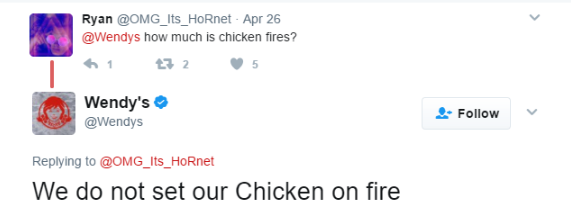 diagram - Ryan Apr 26 how much is chicken fires? 1 72 5 Wendy's We do not set our Chicken on fire