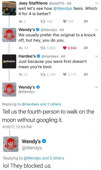 best wendy's roasts - Joey Staffileno .4d well let's see how feels. Which 4 for 4 is better? 62 27 740 726 Wendy's . 4d We usually prefer the original to a knock off, but hey, you do you. 38 33,593 9,564 Hardee's . 4d Just because you were first doesn't m
