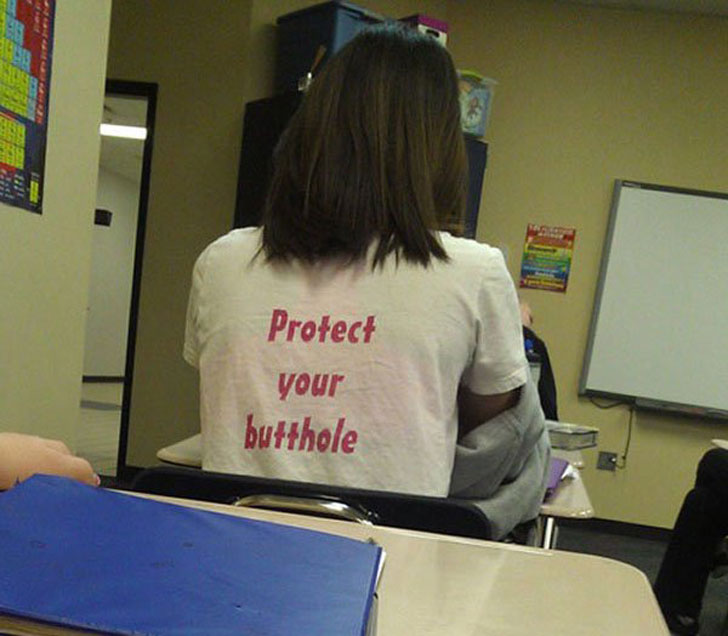 girl with shir that says to protect your butt hole
