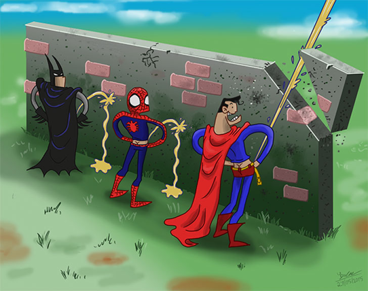 cartoon of Spiderman, Batman and Superman peeing and superman cuts the wall with his stream