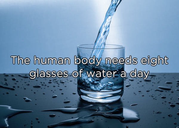 The eight glasses of water thing isn’t a static number. What’s more appropriate, according to science, is making sure to drink water when thirsty. We really need science to tell us this? The human brain has been conditioned to make swallowing harder when the body needs water. Cotton mouth is real, my friends.