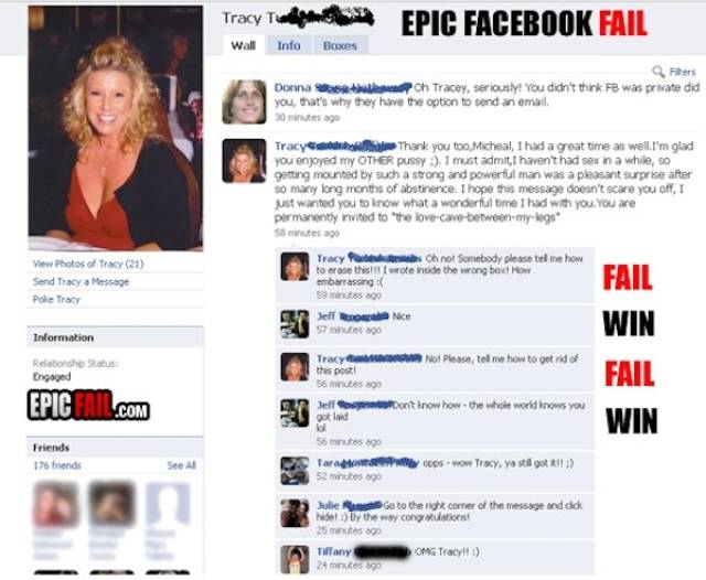 funny facebook comments - Tracy Teen Epic Facebook Fail Wall Info Boxes Filters Donna Ch Tracey, seriously! You didn't think Fb was priate did you, that's why they have the option to send an email 30 minutes ago Tracy Thank you too, Micheal, I had a great
