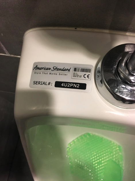 This is hilarious. Take a closer look at that urinal’s serial number, and sound it out: 4U2PN2.

For you to pee into!