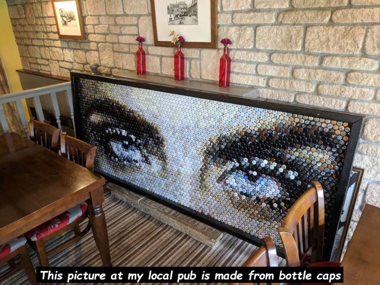 furniture - This picture at my local pub is made from bottle caps