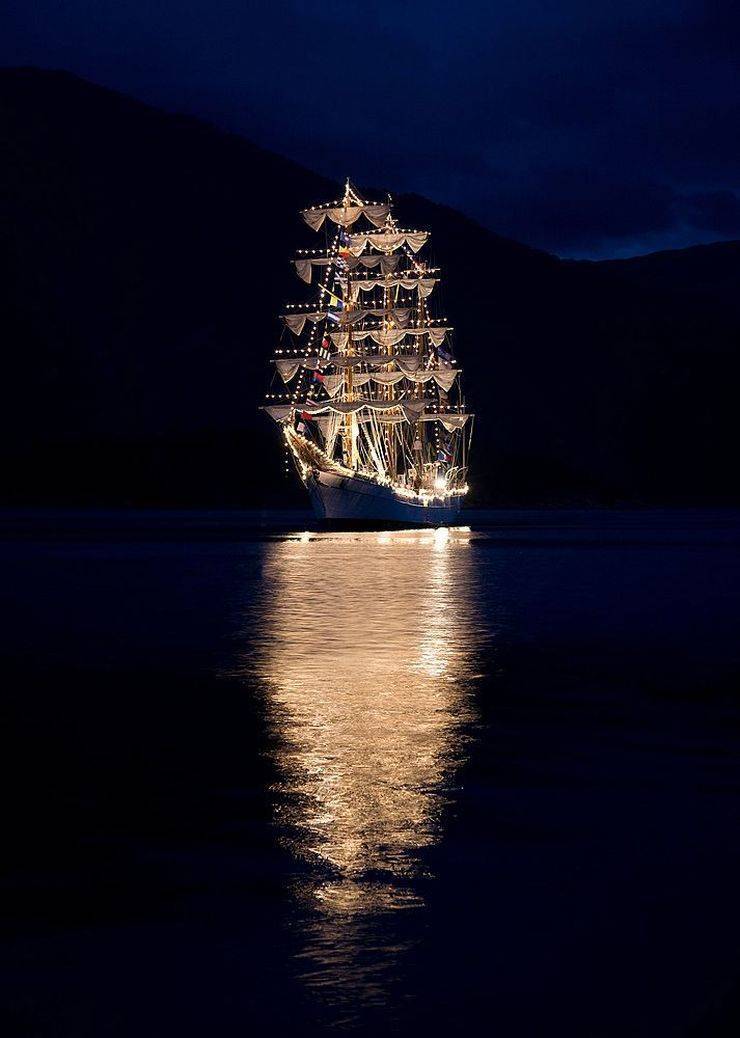 fascinating photos - tall ship at night
