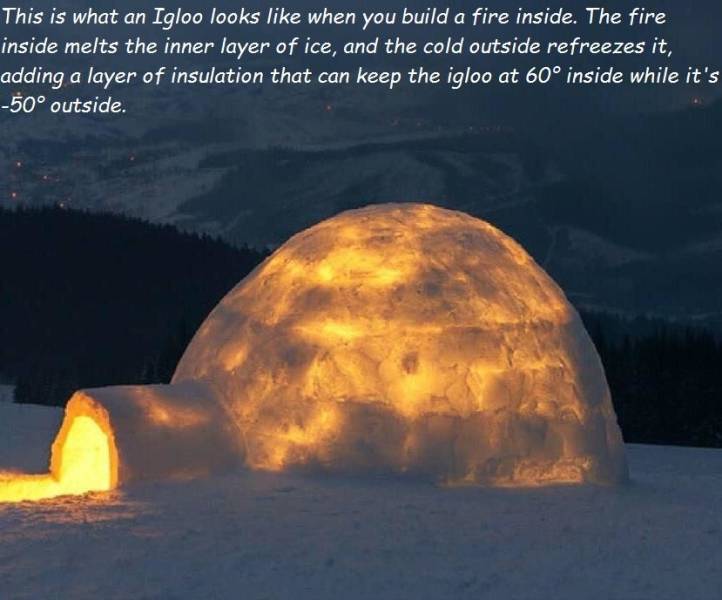 igloo inside - This is what an Igloo looks when you build a fire inside. The fire inside melts the inner layer of ice, and the cold outside refreezes it, adding a layer of insulation that can keep the igloo at 60 inside while it's 50 outside.