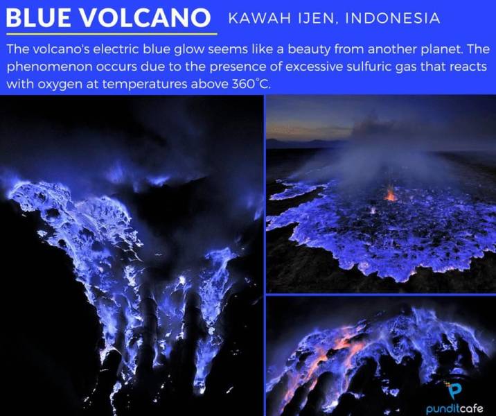 blue lava volcano - Kawah Ijen Indonesia The volcano's electric blue glow seems a beauty from another planet. The phenomenon occurs due to the presence of excessive sulfuric gas that reacts with oxygen at temperatures above 360C. punditcafe