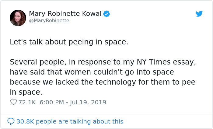 Mario Kart - Mary Robinette Kowal Robinette Let's talk about peeing in space. Several people, in response to my Ny Times essay, have said that women couldn't go into space because we lacked the technology for them to pee in space. people are talking about