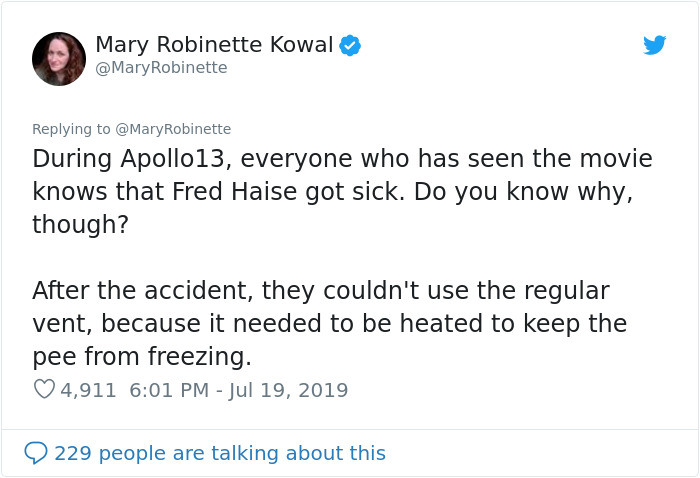 document - Mary Robinette Kowal Robinette During Apollo13, everyone who has seen the movie knows that Fred Haise got sick. Do you know why, though? After the accident, they couldn't use the regular vent, because it needed to be heated to keep the pee from