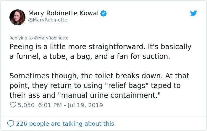 cracker barrel comments to brads wife - Mary Robinette Kowal Robinette Peeing is a little more straightforward. It's basically a funnel, a tube, a bag, and a fan for suction. Sometimes though, the toilet breaks down. At that point, they return to using "r