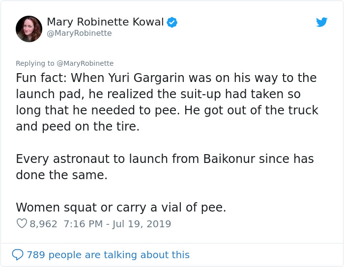 document - Mary Robinette Kowal Robinette Fun fact When Yuri Gargarin was on his way to the launch pad, he realized the suitup had taken so long that he needed to pee. He got out of the truck and peed on the tire. Every astronaut to launch from Baikonur s