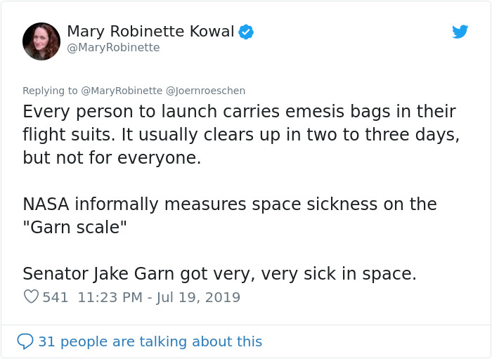 Vortex shedding - Mary Robinette Kowal Robinette Robinette Every person to launch carries emesis bags in their flight suits. It usually clears up in two to three days, but not for everyone. Nasa informally measures space sickness on the "Garn scale" Senat