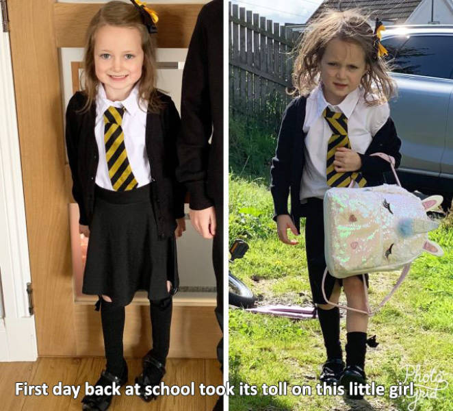 School - First day back at school took its toll on this little girls