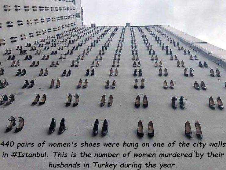 440 shoes istanbul - 43 55 1365 0937 15 86 32 13 10 20 10 24 A 01 440 pairs of women's shoes were hung on one of the city walls in . This is the number of women murdered by their husbands in Turkey during the year.