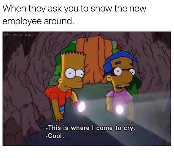 training new employee meme - When they ask you to show the new employee around. This is where I come to cry. Cool.