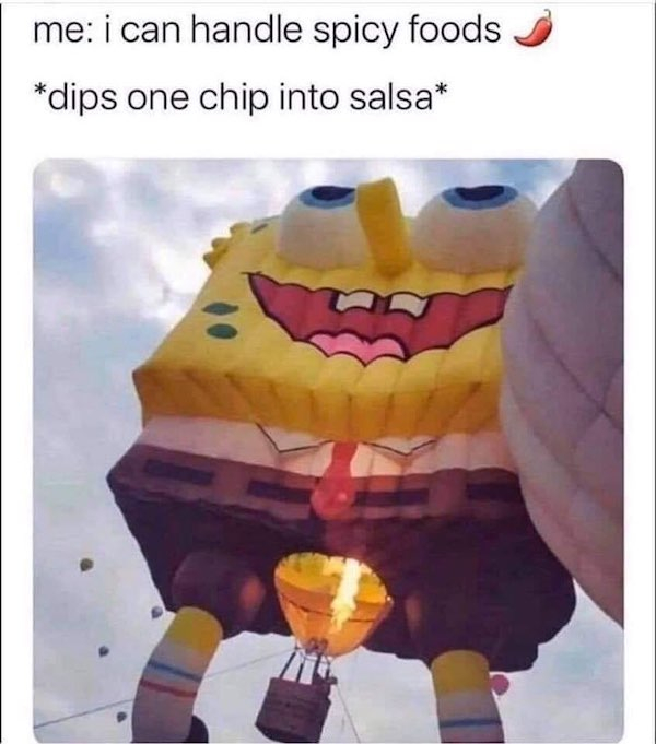 me i can handle spicy foods dips one chip into salsa