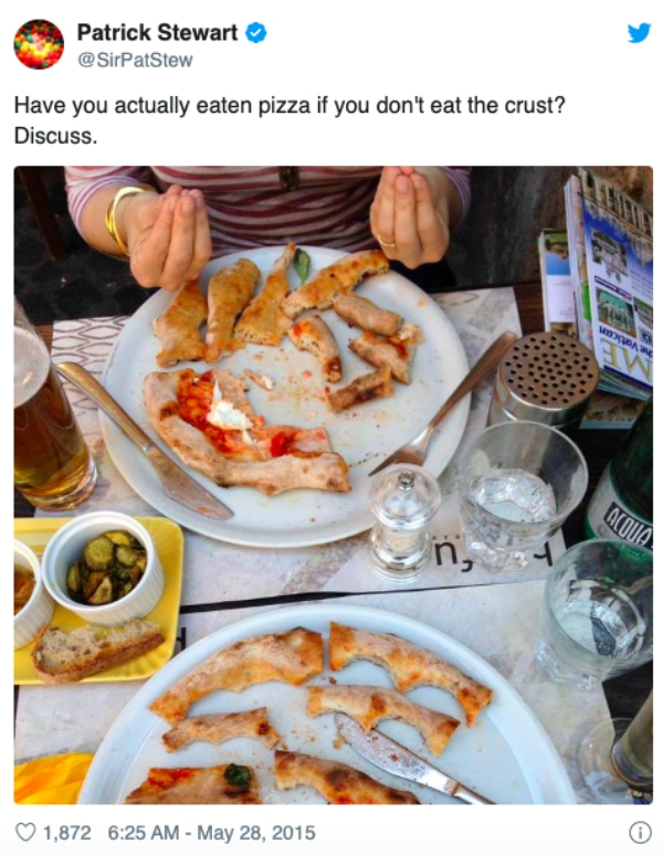 dish - Patrick Stewart Have you actually eaten pizza if you don't eat the crust? Discuss. Acqua 1,872