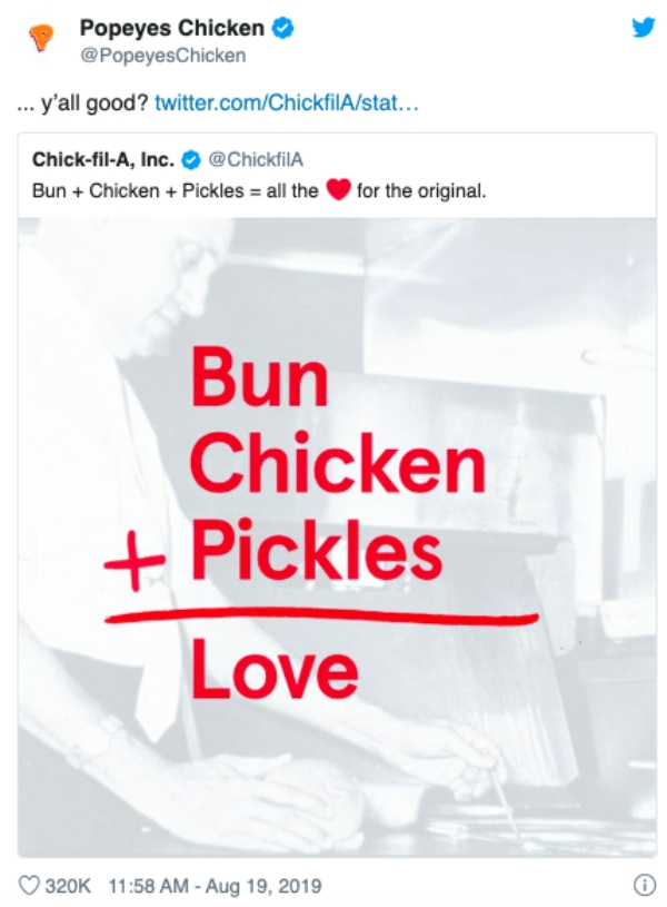 website - Popeyes Chicken ... y'all good? twitter.comChickfilAstat... ChickfilA, Inc. Bun Chicken Pickles all the for the original. Bun Chicken Pickles Love
