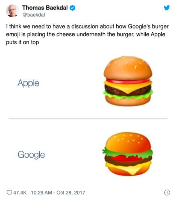 burger google emoji - Thomas Baekdal I think we need to have a discussion about how Google's burger emoji is placing the cheese underneath the burger, while Apple puts it on top Apple Google