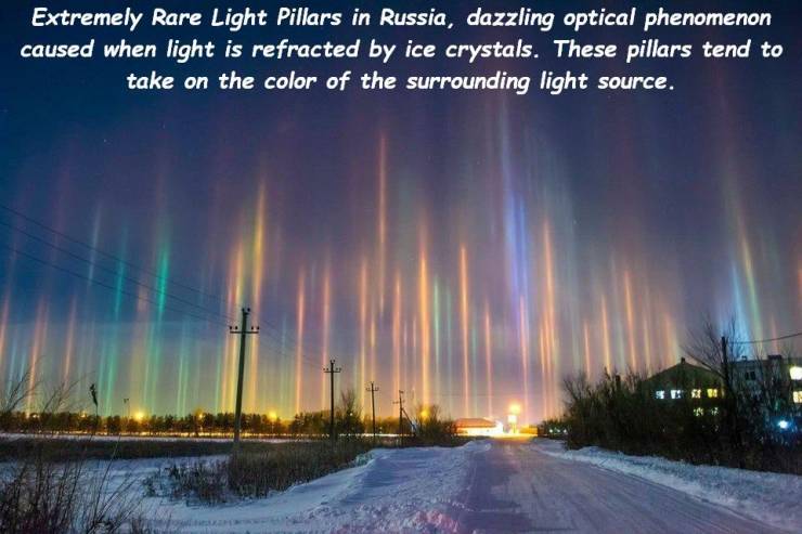Extremely Rare Light Pillars in Russia, dazzling optical phenomenon caused when light is refracted by ice crystals. These pillars tend to take on the color of the surrounding light source.
