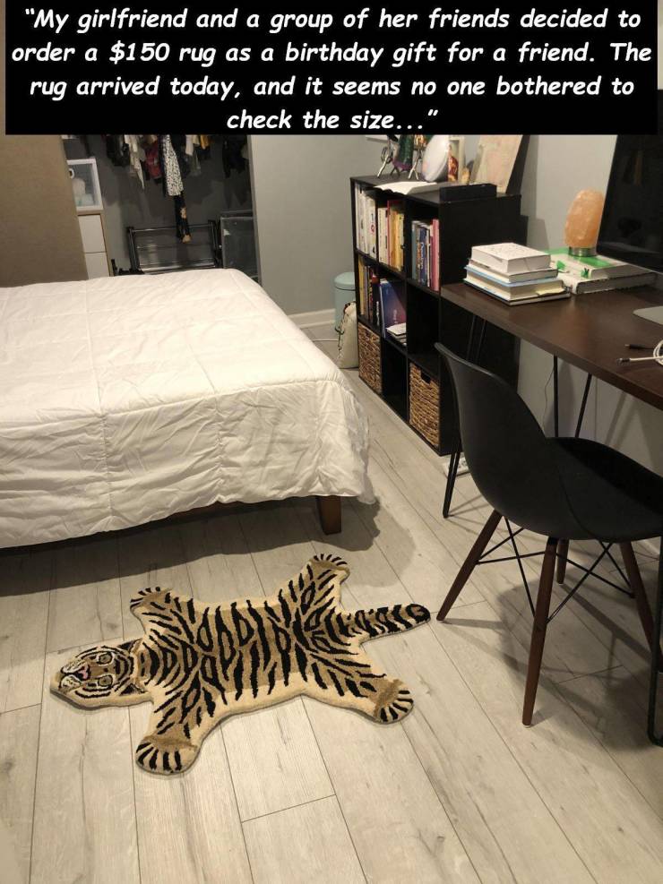 floor - "My girlfriend and a group of her friends decided to order a $150 rug as a birthday gift for a friend. The rug arrived today, and it seems no one bothered to check the size..."