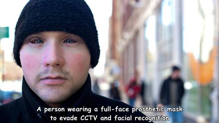 ways to cover your face - A person wearing a fullface prosthetic mask to evade Cctv and facial recognition