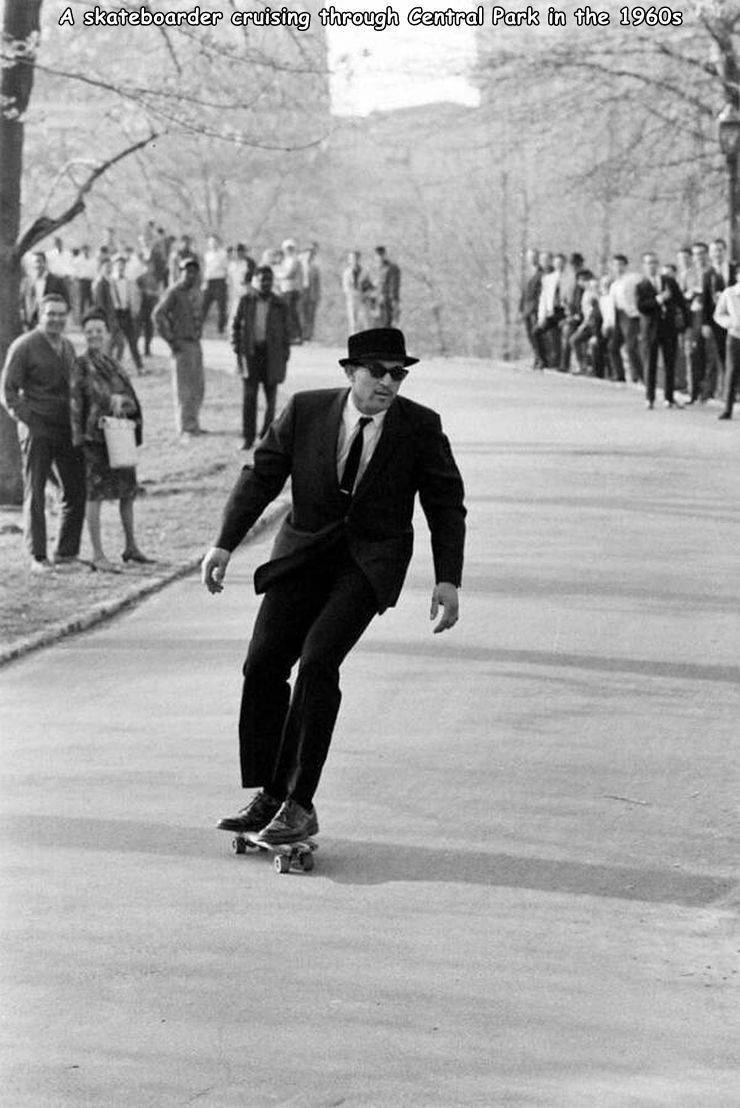 1960's nyc - A skateboarder cruising through Central Park in the 1960s